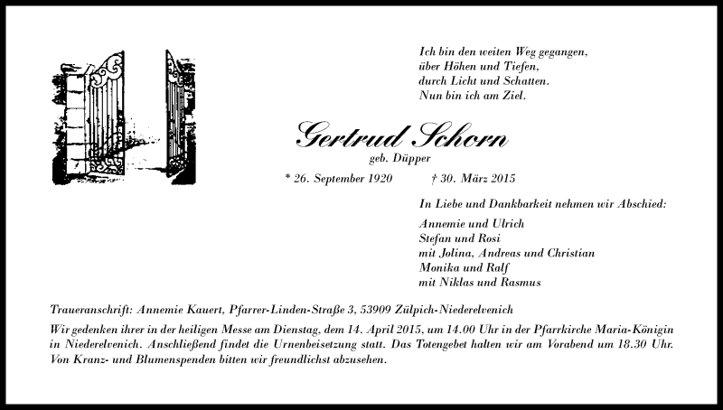  Traueranzeige für Gertrud Schorn vom 08.04.2015 aus Kölner Stadt-Anzeiger / Kölnische Rundschau / Express