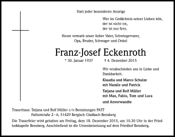 Anzeige von Franz-Josef Eckenroth von Kölner Stadt-Anzeiger / Kölnische Rundschau / Express