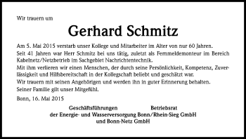 Anzeige von Gerhard Schmitz von Kölner Stadt-Anzeiger / Kölnische Rundschau / Express