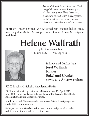 Anzeige von Helene Wallrath von  Sonntags-Post 