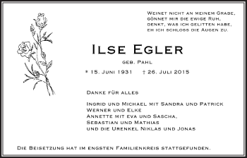 Anzeige von Ilse Egler von  Bergisches Handelsblatt 