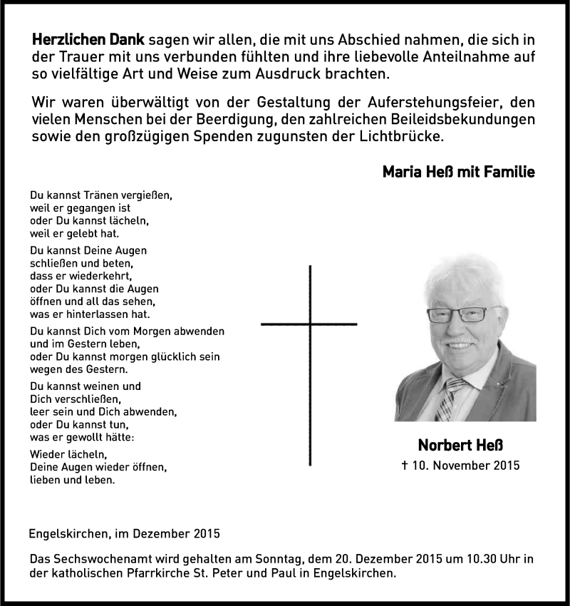  Traueranzeige für Norbert Heß vom 12.12.2015 aus Kölner Stadt-Anzeiger / Kölnische Rundschau / Express