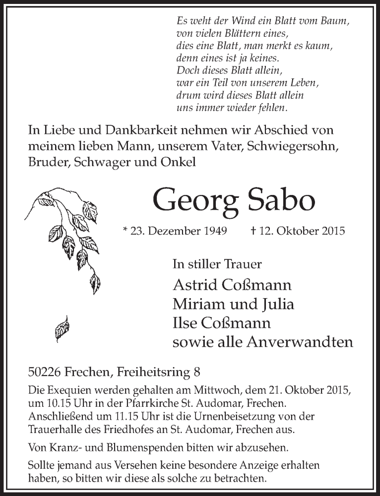  Traueranzeige für Georg Sabo vom 17.10.2015 aus  Sonntags-Post 