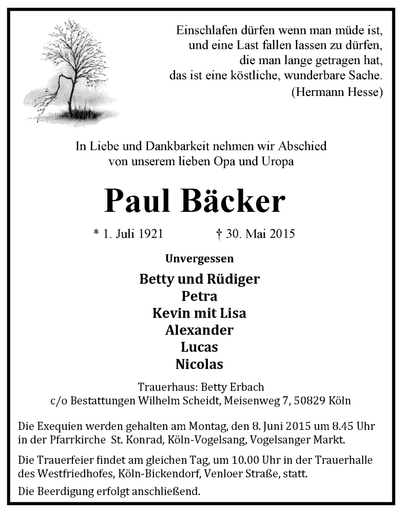  Traueranzeige für Paul Bäcker vom 04.06.2015 aus Kölner Stadt-Anzeiger / Kölnische Rundschau / Express