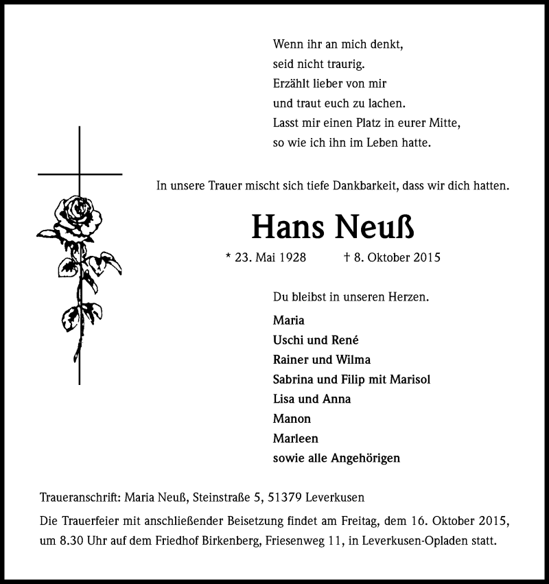  Traueranzeige für Hans Neuß vom 14.10.2015 aus Kölner Stadt-Anzeiger / Kölnische Rundschau / Express