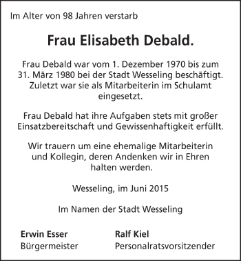 Anzeige von Elisabeth Debald von  Schlossbote/Werbekurier 