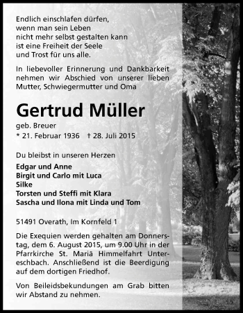 Anzeige von Gertrud Müller von Kölner Stadt-Anzeiger / Kölnische Rundschau / Express