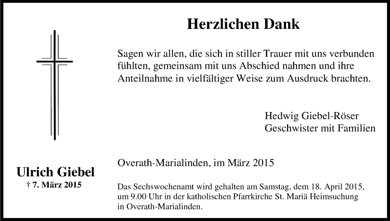 Traueranzeige für Ulrich Giebel vom 30.03.2015 aus Kölner Stadt-Anzeiger / Kölnische Rundschau / Express