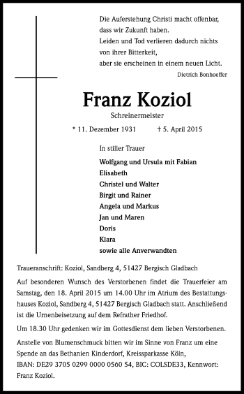 Anzeige von Franz Koziol von Kölner Stadt-Anzeiger / Kölnische Rundschau / Express