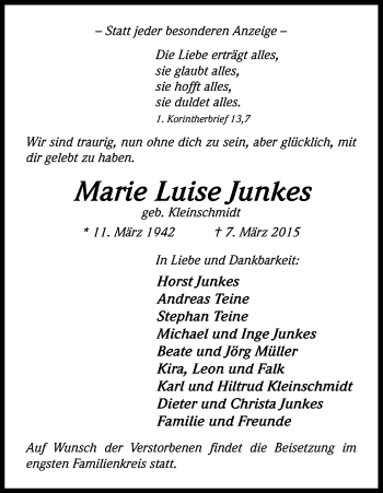 Anzeige von Marie Luise Junkes von Kölner Stadt-Anzeiger / Kölnische Rundschau / Express