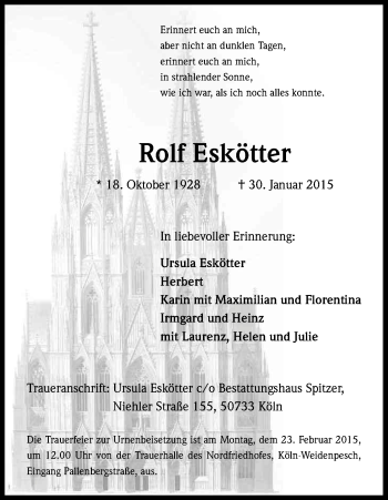 Anzeige von Rolf Eskötter von Kölner Stadt-Anzeiger / Kölnische Rundschau / Express