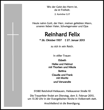 Anzeige von Reinhard Felix von Kölner Stadt-Anzeiger / Kölnische Rundschau / Express