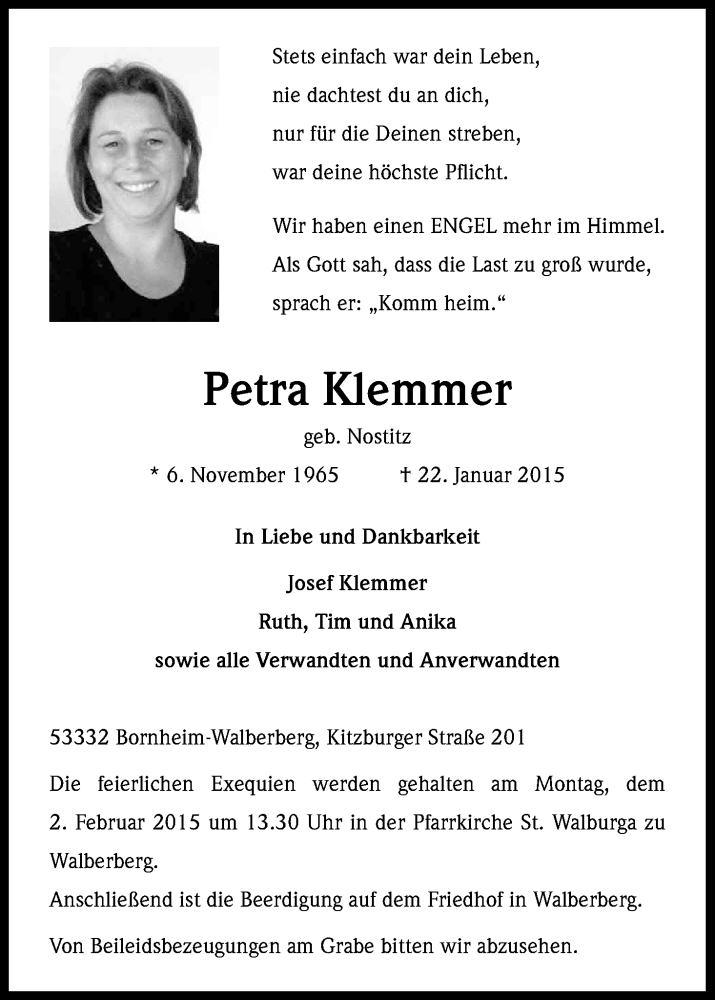  Traueranzeige für Petra Klemmer vom 31.01.2015 aus Kölner Stadt-Anzeiger / Kölnische Rundschau / Express