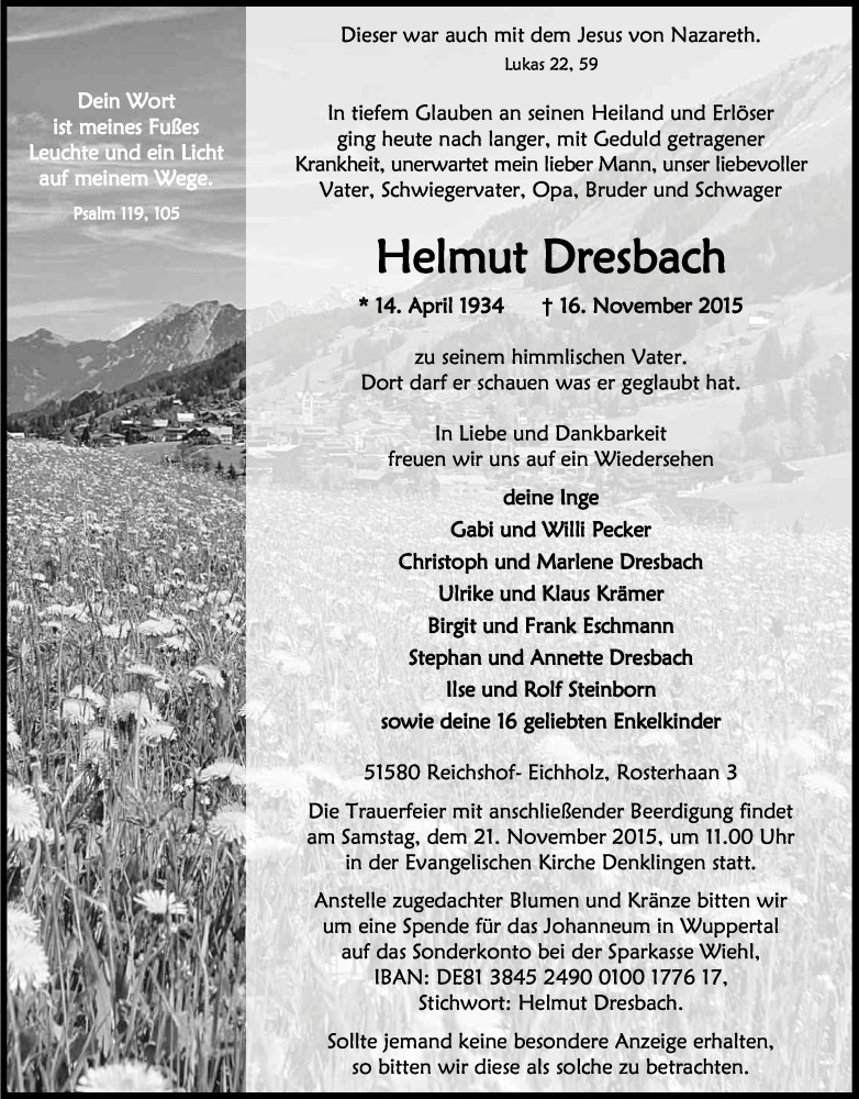  Traueranzeige für Helmut Dresbach vom 18.11.2015 aus Kölner Stadt-Anzeiger / Kölnische Rundschau / Express