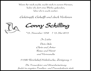 Anzeige von Conny Schilling von Kölner Stadt-Anzeiger / Kölnische Rundschau / Express