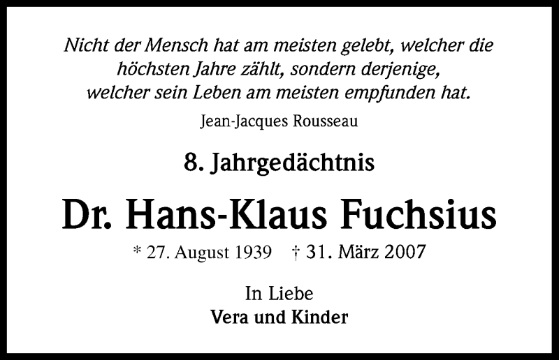  Traueranzeige für Hans-Klaus Fuchsius vom 31.03.2015 aus Kölner Stadt-Anzeiger / Kölnische Rundschau / Express
