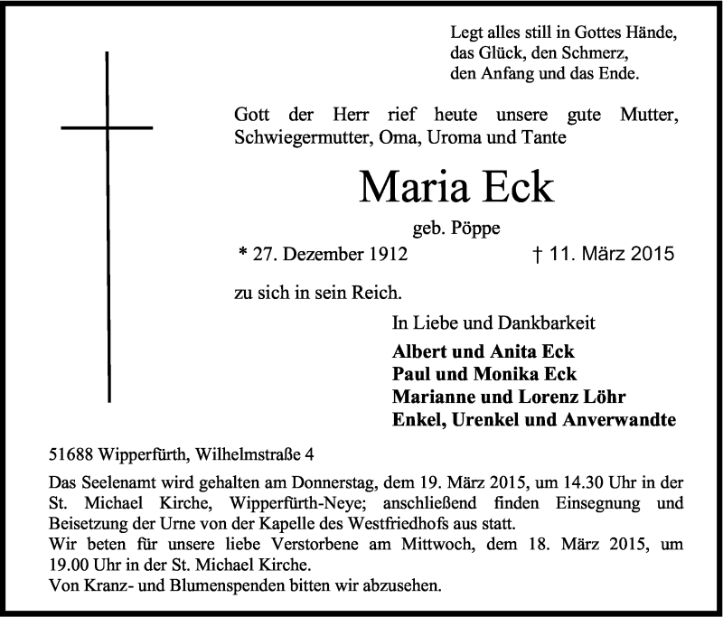  Traueranzeige für Maria Eck vom 14.03.2015 aus Kölner Stadt-Anzeiger / Kölnische Rundschau / Express