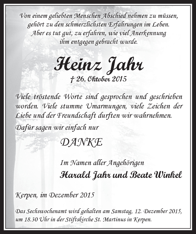  Traueranzeige für Heinz Jahr vom 09.12.2015 aus  Werbepost 