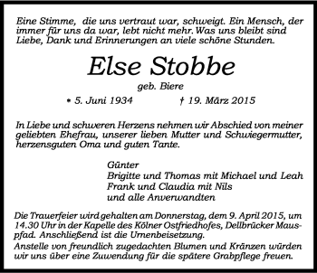 Anzeige von Else Stobbe von Kölner Stadt-Anzeiger / Kölnische Rundschau / Express