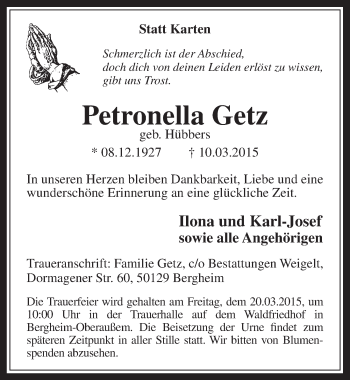 Anzeige von Petronella Getz von  Werbepost 