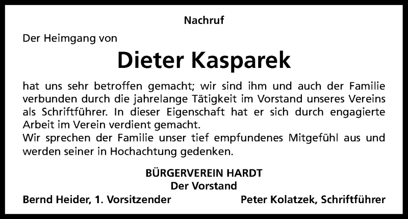  Traueranzeige für Dieter Kasparek vom 21.10.2015 aus Kölner Stadt-Anzeiger / Kölnische Rundschau / Express