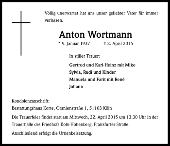 Anzeige von Anton Wortmann von Kölner Stadt-Anzeiger / Kölnische Rundschau / Express