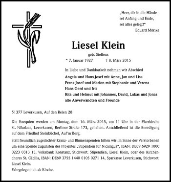 Anzeige von Liesel Klein von Kölner Stadt-Anzeiger / Kölnische Rundschau / Express