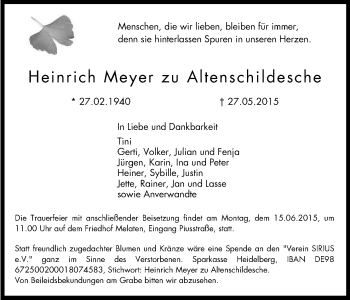 Anzeige von Heinrich Meyer zu Altenschildesche von Kölner Stadt-Anzeiger / Kölnische Rundschau / Express