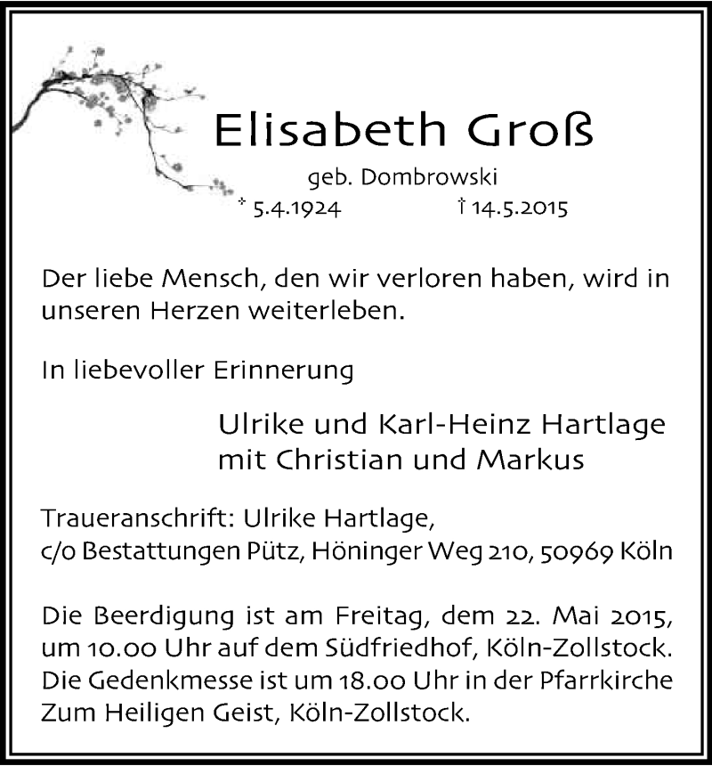  Traueranzeige für Elisabeth Groß vom 20.05.2015 aus Kölner Stadt-Anzeiger / Kölnische Rundschau / Express