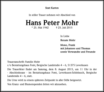Anzeige von Hans Peter Mohr von Kölner Stadt-Anzeiger / Kölnische Rundschau / Express