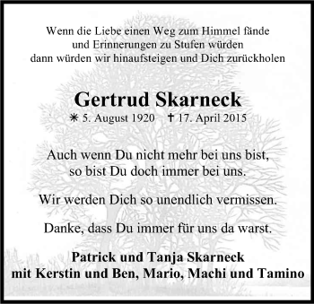 Anzeige von Gertrud Skarneck von Kölner Stadt-Anzeiger / Kölnische Rundschau / Express