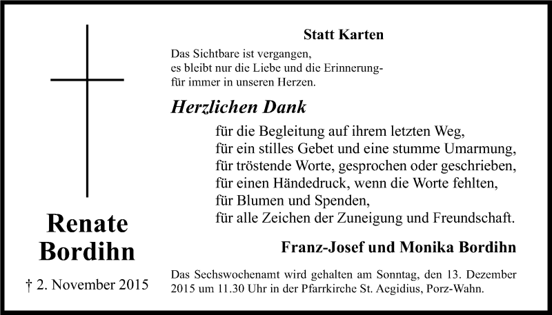  Traueranzeige für Renate Bordihn vom 05.12.2015 aus Kölner Stadt-Anzeiger / Kölnische Rundschau / Express