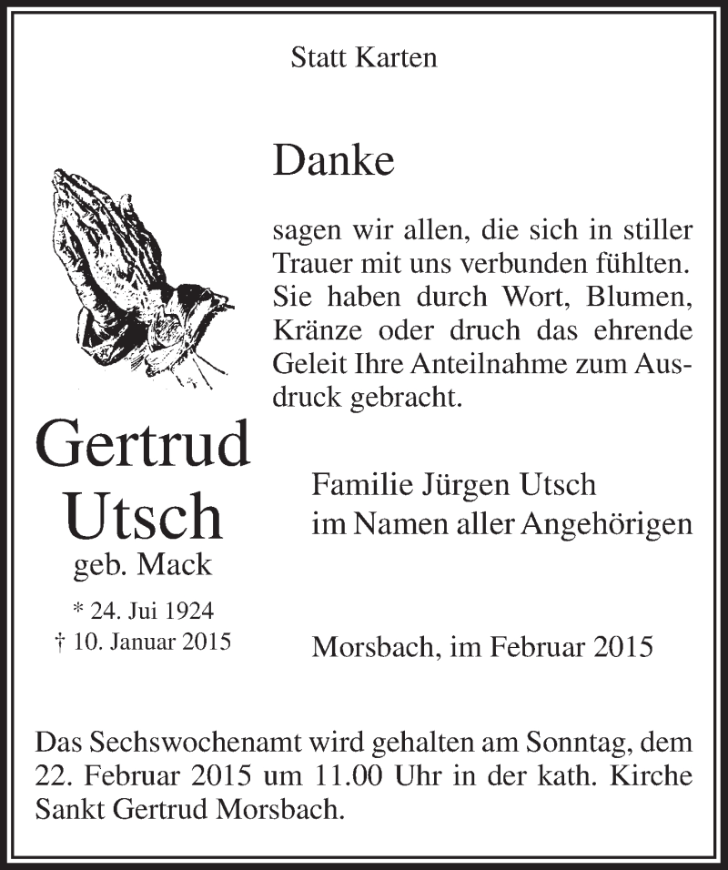  Traueranzeige für Gertrud Utsch vom 18.02.2015 aus  Lokalanzeiger 