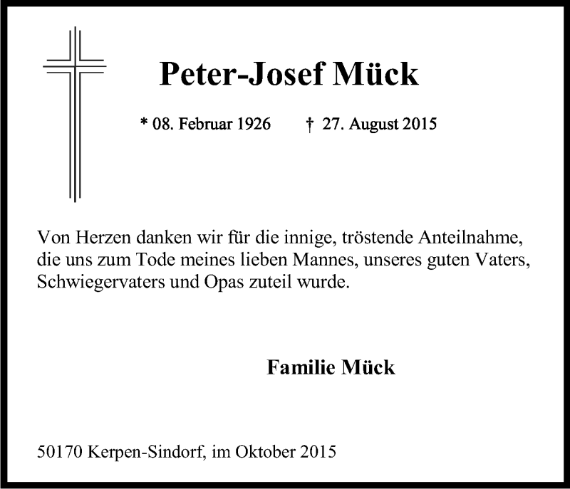  Traueranzeige für Peter-Josef Mück vom 24.10.2015 aus Kölner Stadt-Anzeiger / Kölnische Rundschau / Express