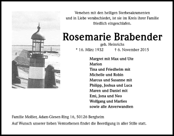 Anzeige von Rosemarie Brabender von Kölner Stadt-Anzeiger / Kölnische Rundschau / Express