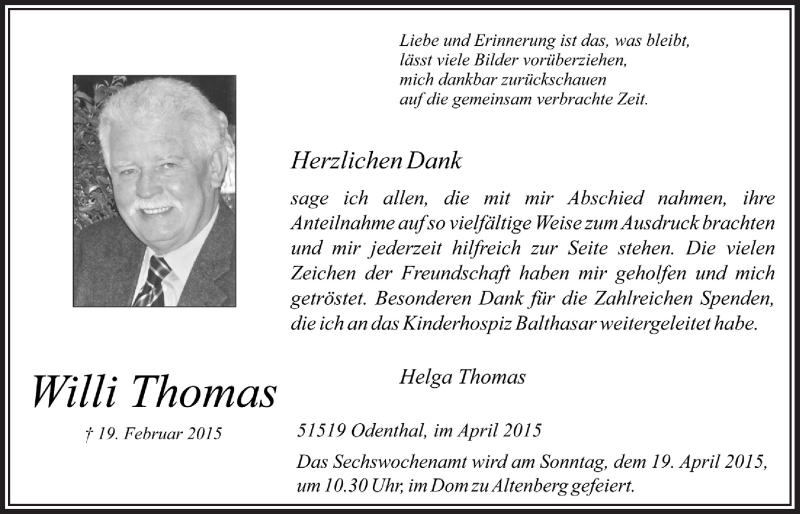  Traueranzeige für Willi Thomas vom 15.04.2015 aus  Bergisches Handelsblatt 