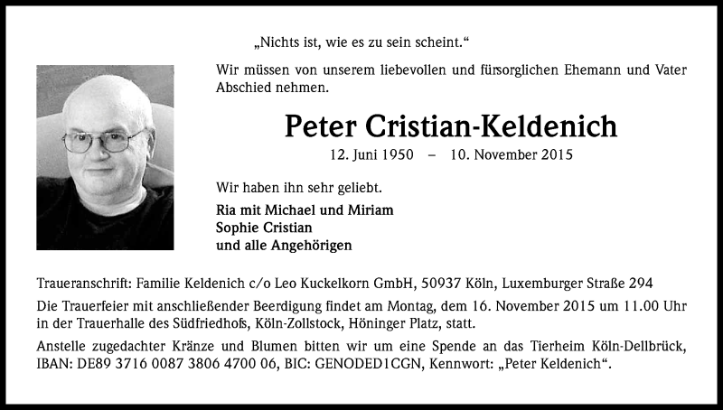  Traueranzeige für Peter Cristian-Keldenich vom 13.11.2015 aus Kölner Stadt-Anzeiger / Kölnische Rundschau / Express