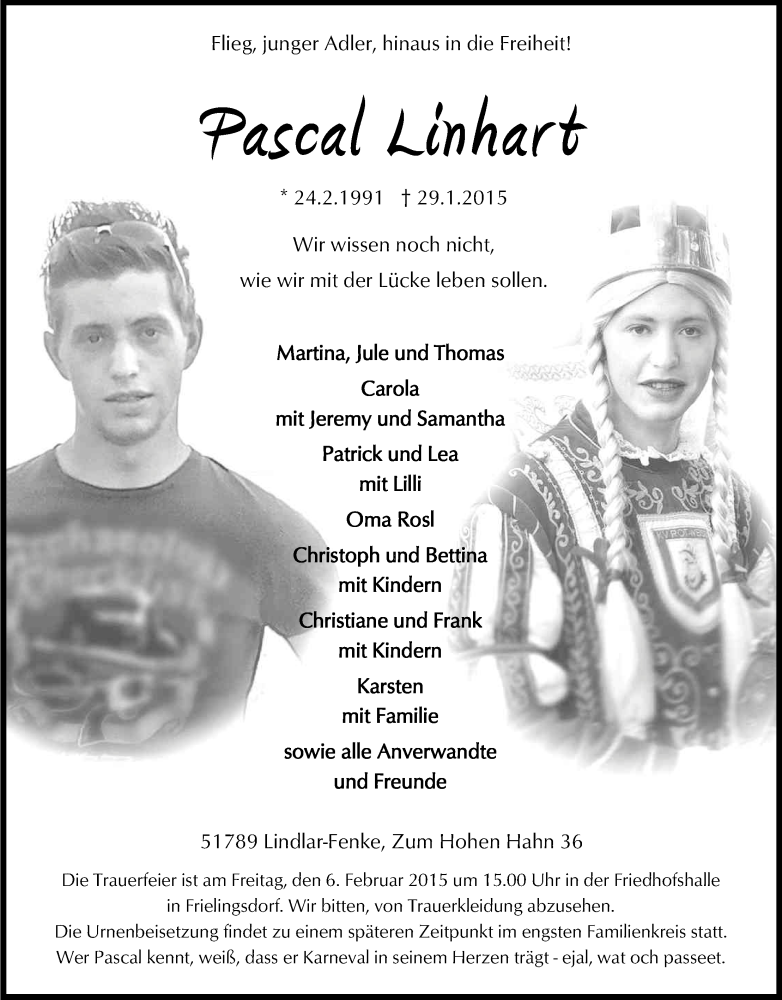  Traueranzeige für Pascal Linhart vom 03.02.2015 aus Kölner Stadt-Anzeiger / Kölnische Rundschau / Express