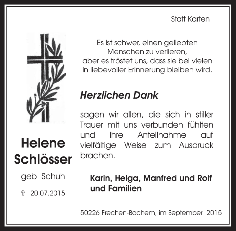  Traueranzeige für Helene Schlösser vom 02.09.2015 aus  Wochenende 