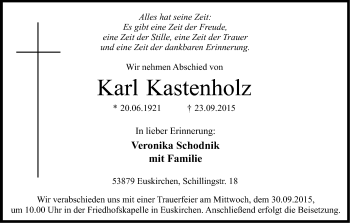 Anzeige von Karl Kastenholz von Kölner Stadt-Anzeiger / Kölnische Rundschau / Express