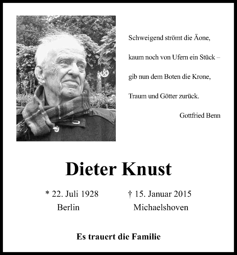  Traueranzeige für Dieter Knust vom 22.01.2015 aus Kölner Stadt-Anzeiger / Kölnische Rundschau / Express