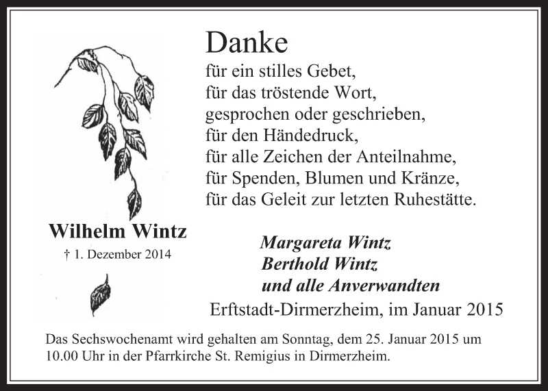  Traueranzeige für Wilhelm Wintz vom 21.01.2015 aus  Werbepost 