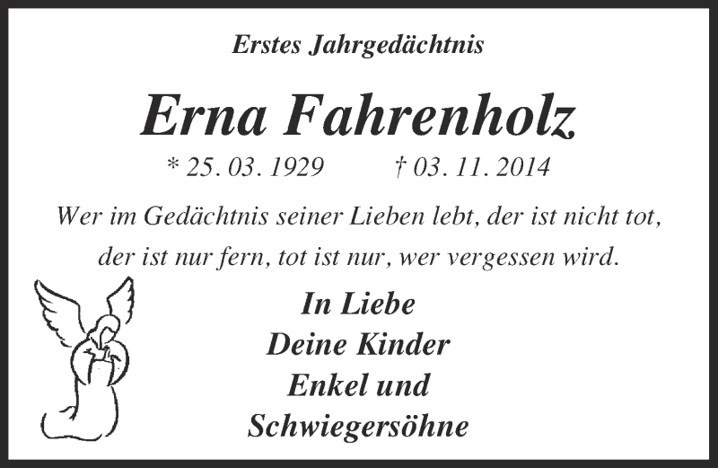  Traueranzeige für Erna Fahrenholz vom 28.10.2015 aus  Kölner Wochenspiegel 