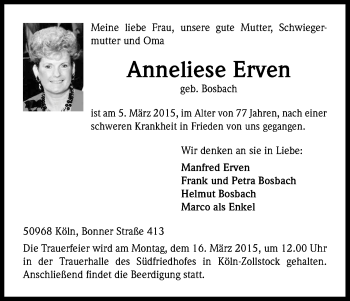 Anzeige von Anneliese Erven von Kölner Stadt-Anzeiger / Kölnische Rundschau / Express