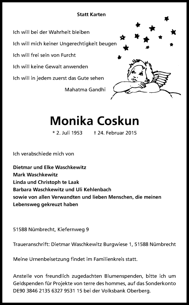  Traueranzeige für Monika Coskun vom 02.03.2015 aus Kölner Stadt-Anzeiger / Kölnische Rundschau / Express