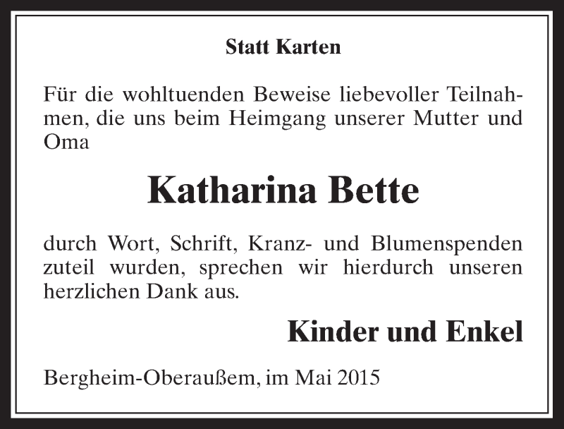  Traueranzeige für Katharina Bette vom 06.05.2015 aus  Werbepost 