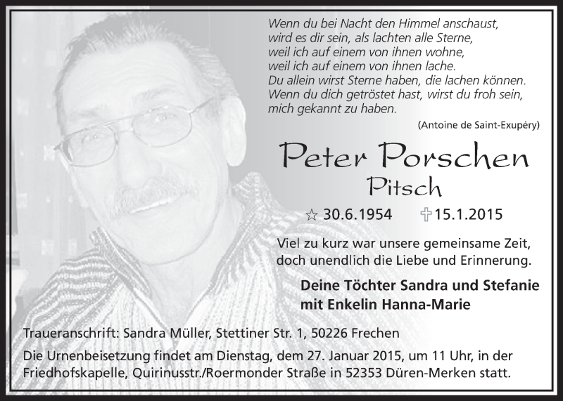  Traueranzeige für Peter Porschen vom 24.01.2015 aus  Sonntags-Post 