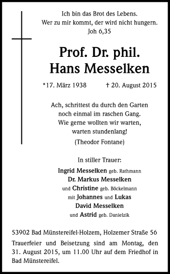 Anzeige von Hans Messelken von Kölner Stadt-Anzeiger / Kölnische Rundschau / Express