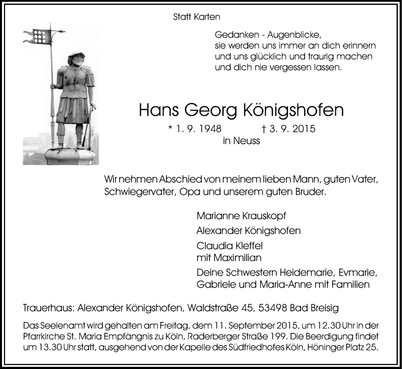  Traueranzeige für Hans Georg Königshofen vom 05.09.2015 aus Kölner Stadt-Anzeiger / Kölnische Rundschau / Express