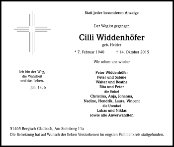 Anzeige von Cilli Widdenhöfer von Kölner Stadt-Anzeiger / Kölnische Rundschau / Express